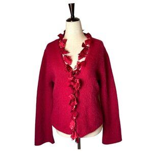 J Jill Red Wool Blend Satin Bow‎ Trim Flare Sleeve V Neck Cardigan Sweater SP